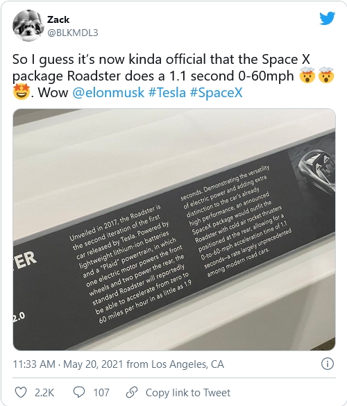 Lời mô tả kèm theo nguyên mẫu Tesla Roadster mới được chia sẻ lên Twitter Lời mô tả kèm theo nguyên mẫu Tesla Roadster mới được chia sẻ lên Twitter
