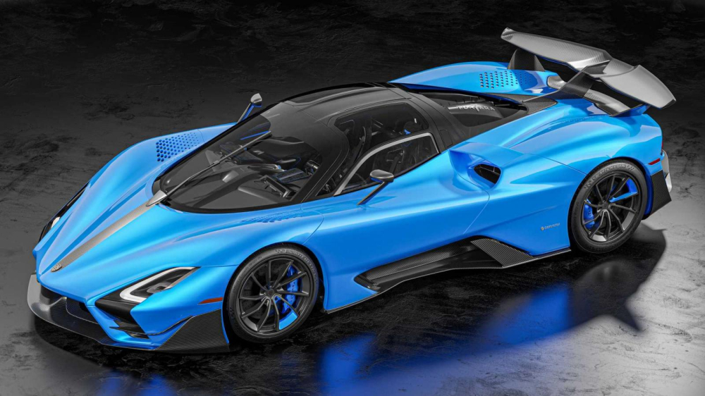 Bên sườn của SSC Tuatara Striker màu xanh Bên sườn của SSC Tuatara Striker màu xanh