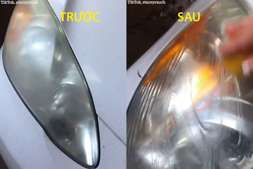 Vỏ đèn pha ô tô trước/sau khi được đánh bằng chanh và baking soda Vỏ đèn pha ô tô trước/sau khi được đánh bằng chanh và baking soda