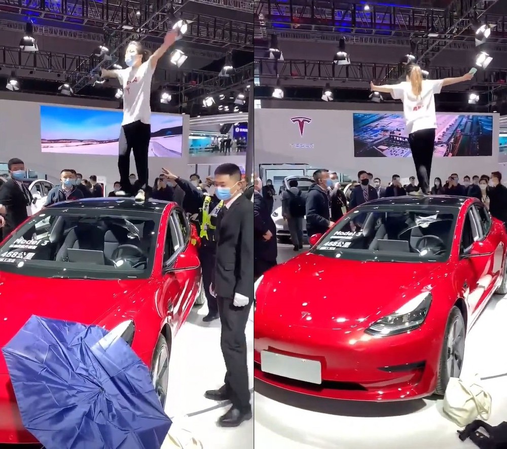 Nữ khách hàng làm loạn gian trưng bay Tesla