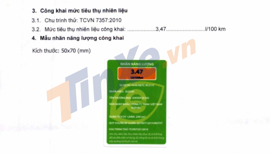 Nhãn năng lượng đạt chuẩn của Suzuki Gixxer SF250