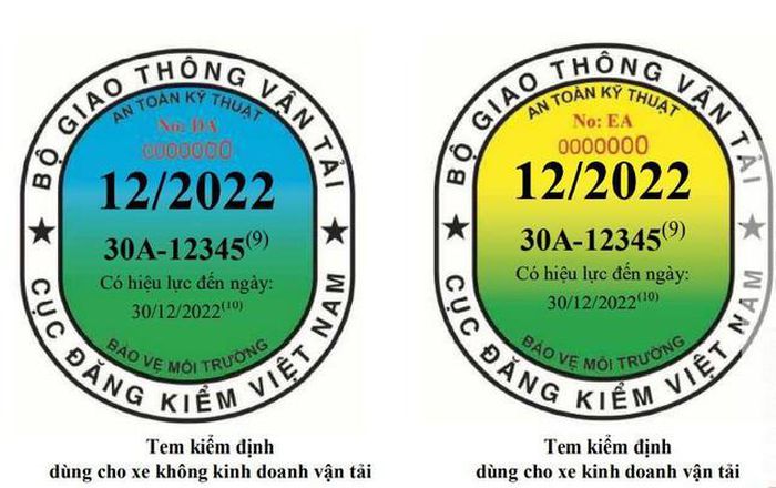 mẫu tem kiểm định mới để phân biệt giữa ô tô có kinh doanh vận tải và ô tô không kinh doanh vận tải.