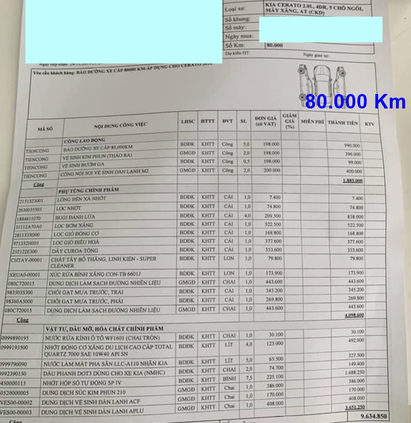 Chi phí bảo dưỡng KIA K3