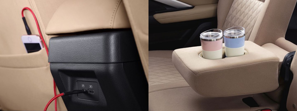 Cổng USB và ngăn đựng cốc dành cho hàng ghế thứ 2 của Mitsubishi Xpander 2022