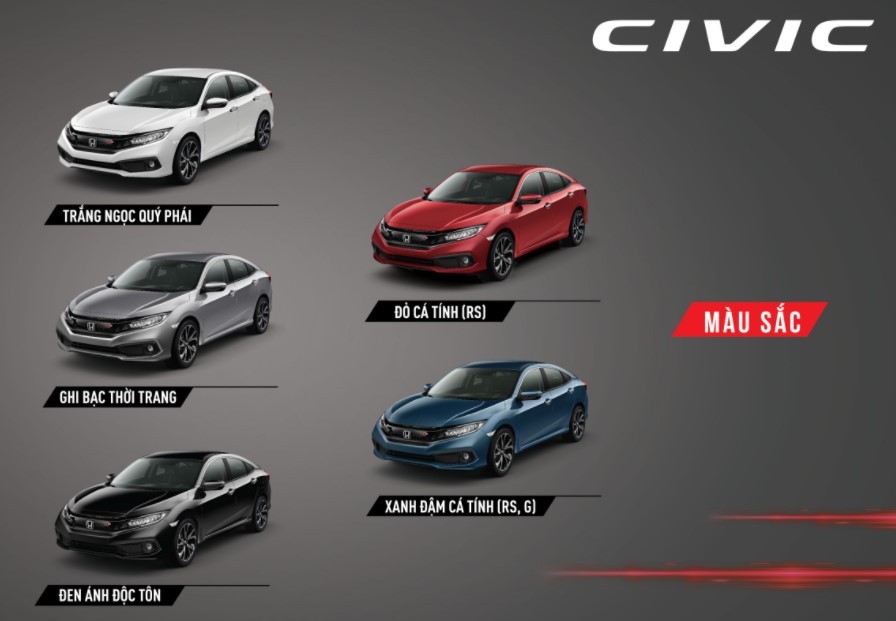 Tùy chọn màu sắc ngoại thất của Honda Civic.