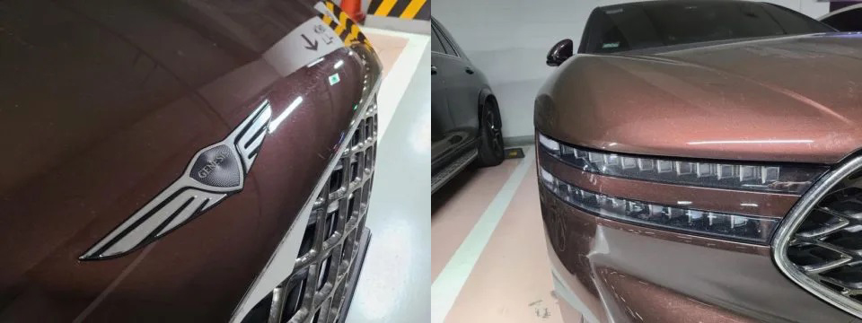 Logo tr&ecirc;n nắp ca-p&ocirc; v&agrave; đ&egrave;n pha Two-Line của Genesis G90 2022