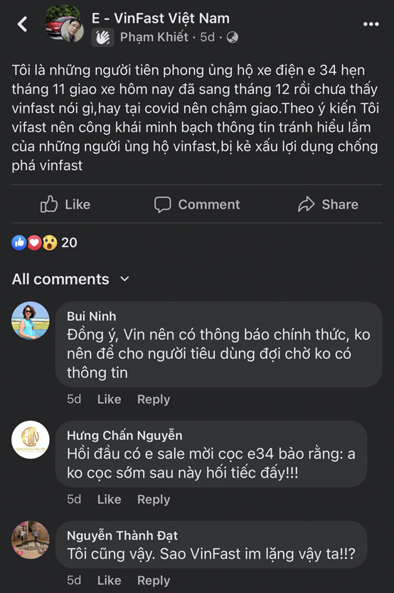 Một số người đặt cọc sớm VinFast VF e34 đã lên tiếng về sự chậm trễ giao xe.