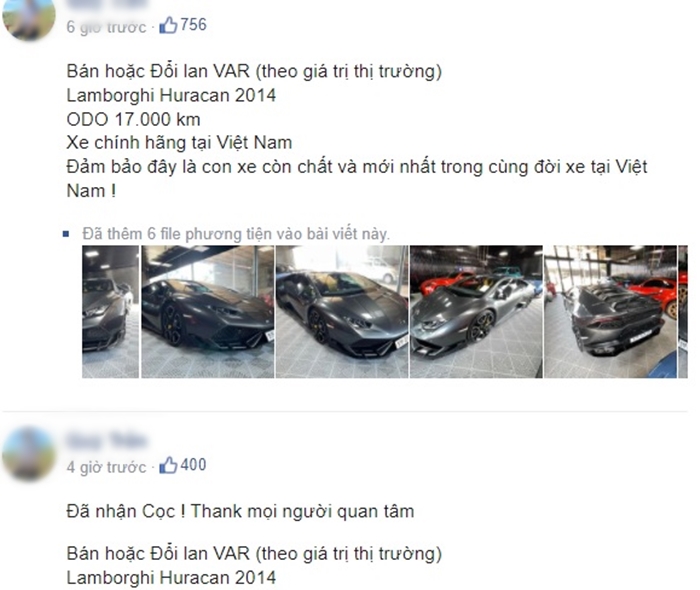 Thông tin rao bán và 2 tiếng sau đó, người này đã chỉnh sửa có người cọc xe Lamborghini Huracan của mình