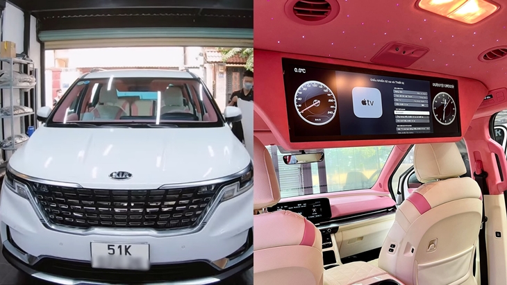 Chiếc xe Kia Carnival mới được đại gia này độ nội thất trắng hồng cùng nhiều đồ chơi theo xe như màn hình giải trí lớn cho hàng ghế sau, trần xe đầy sao