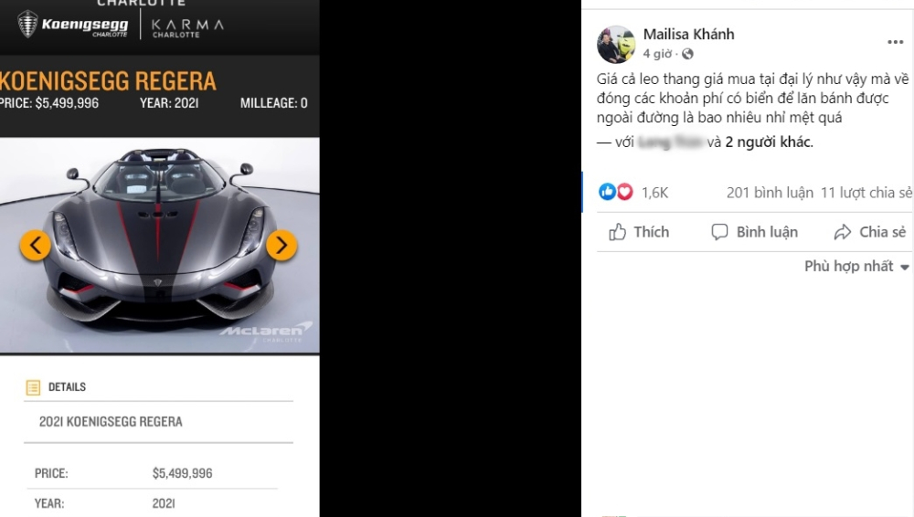 Mới nhận b&agrave;n giao xe, Ho&agrave;ng Kim Kh&aacute;nh liền chia sẻ Koenigsegg Regera đ&atilde; tăng gi&aacute; ch&oacute;ng mặt