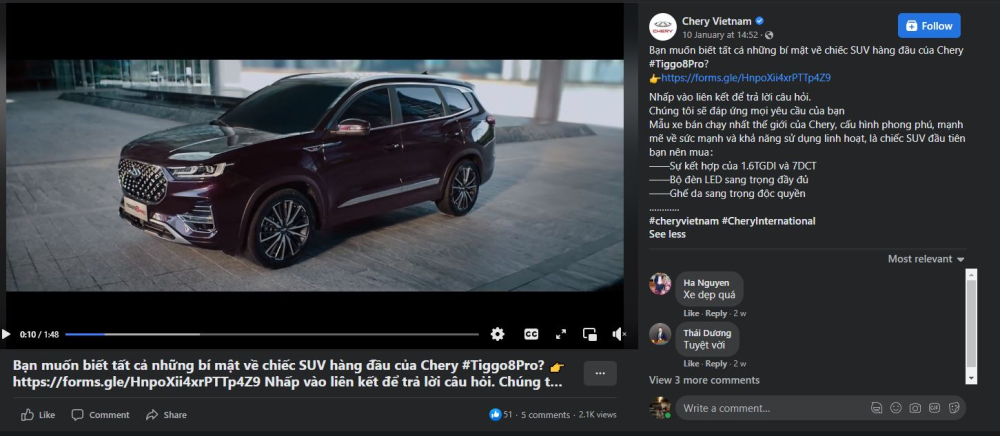 Chery Vietnam từng đăng tải bài post đính kèm file khảo sát ý kiến người dùng về Tiggo 8 Pro. Chery Vietnam từng đăng tải bài post đính kèm file khảo sát ý kiến người dùng về Tiggo 8 Pro.