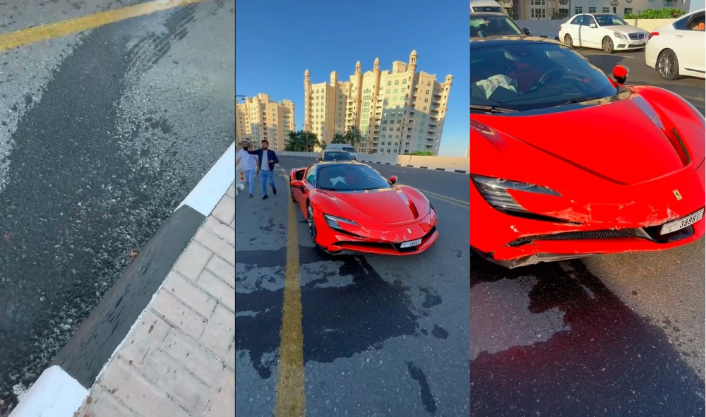 Chiếc siêu xe Ferrari SF90 Stradale bị biến dạng đầu xe sau khi tông vào vỉa hè