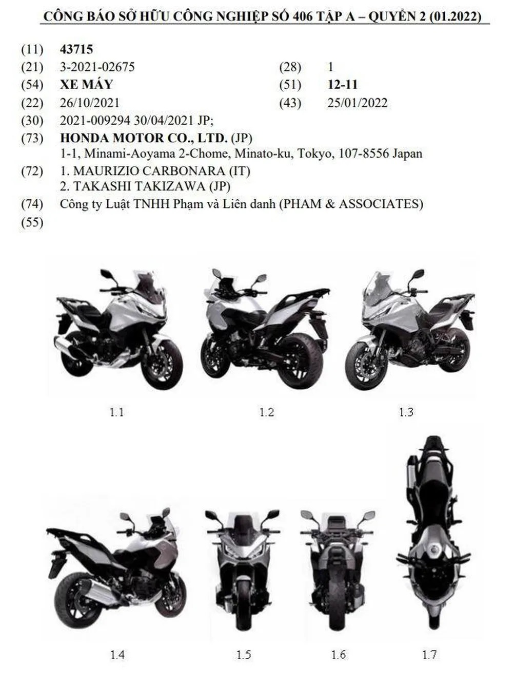 Honda NT1100 được đăng ký bảo hộ kiểu dáng công nghiệp tại Việt Nam bởi Honda Motor Nhật Bản. Honda NT1100 được đăng ký bảo hộ kiểu dáng công nghiệp tại Việt Nam bởi Honda Motor Nhật Bản.