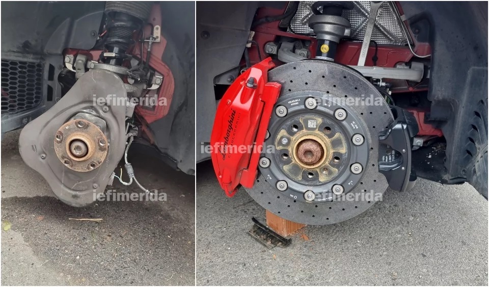 Cùm phanh trước của chiếc Lamborghini Huracan Spyder cũng bị kẻ gian ăn trộm