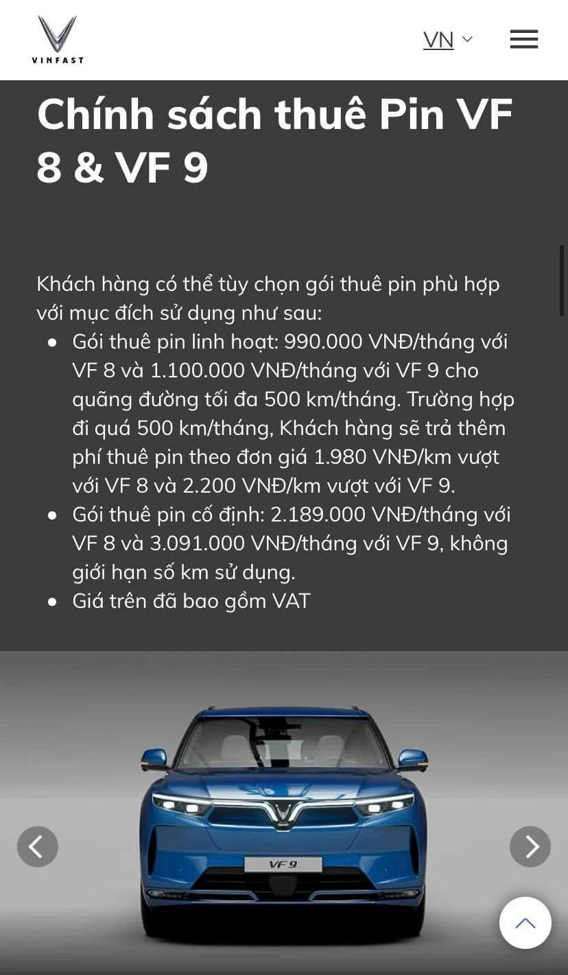 Các gói thuê pin của VinFast VF8 và VF9.