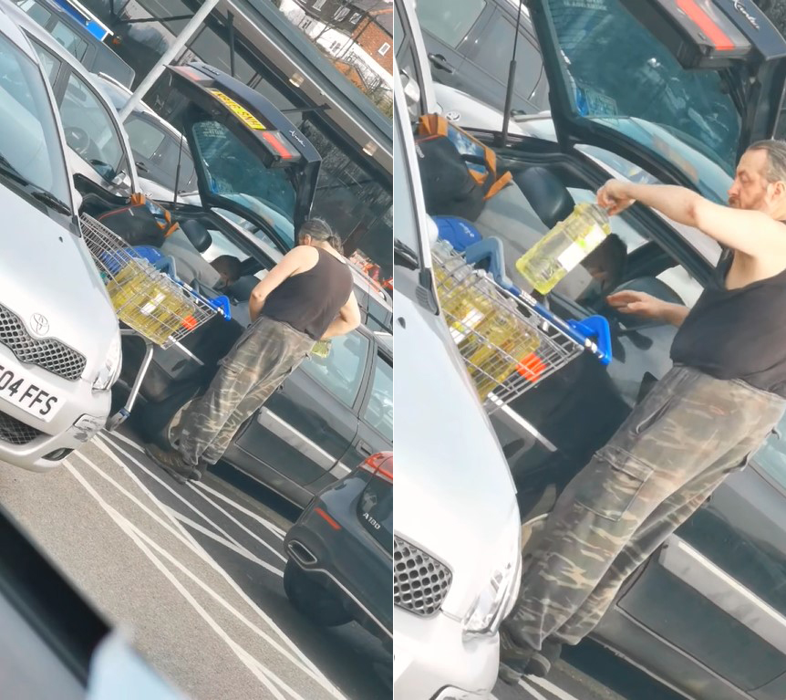 Người đ&agrave;n &ocirc;ng mua cả chục&nbsp;can dầu ăn để đổ cho chiếc &ocirc; t&ocirc; của m&igrave;nh