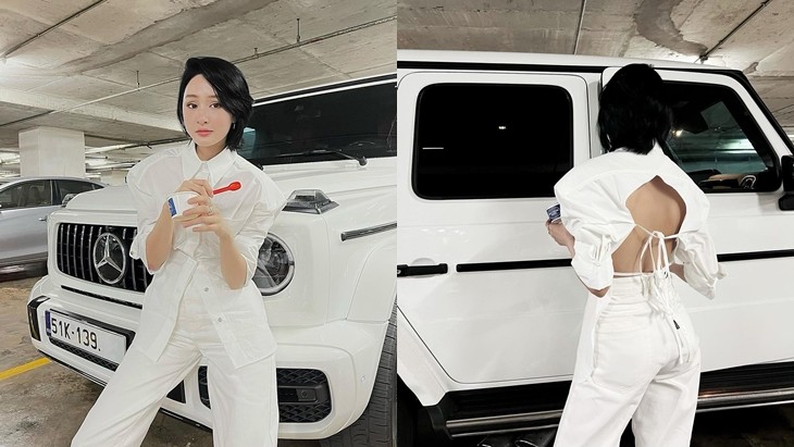 Hiền Hồ trong set đồ t&ocirc;ng xuyệt t&ocirc;ng với m&agrave;u sơn xe Mercedes-AMG G63 