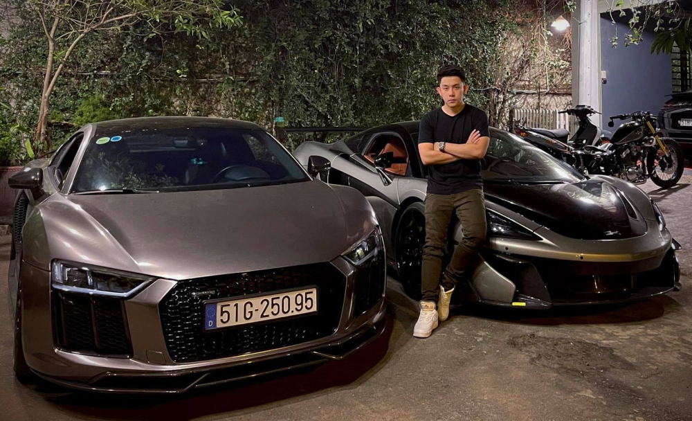 Tống Đông Khuê đang nổi lên là tay chơi siêu xe 9X khá chịu chi khi liên tục đổi xe, trong ảnh là Audi R8 V10 Plus biển Sài thành và McLaren 720S độ N-Largo biển Bình Dương