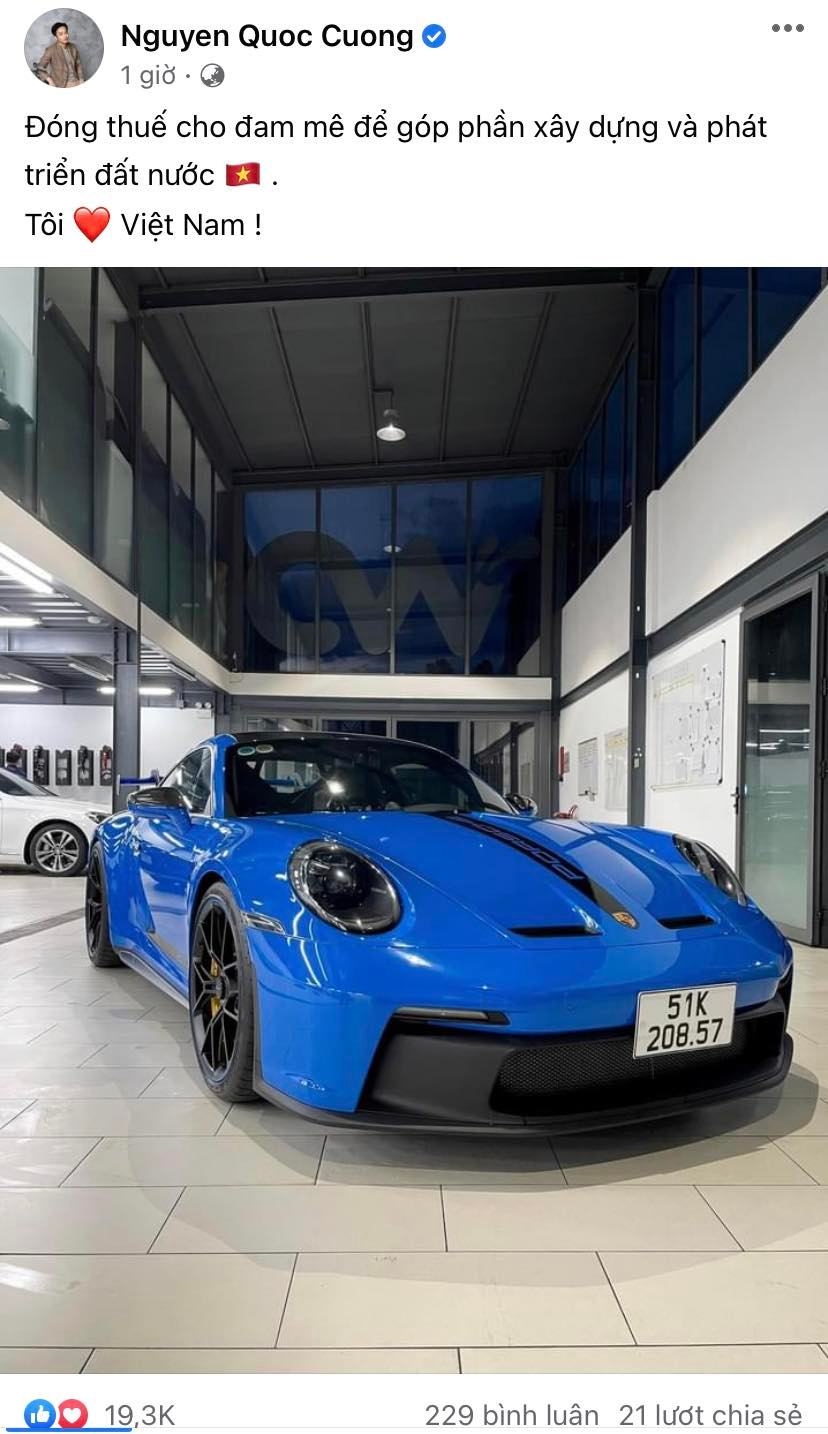 B&agrave;i đăng của doanh nh&acirc;n Nguyễn Quốc Cường về chiếc xe đua Porsche 911 GT3 2022 mới ra biển số của m&igrave;nh