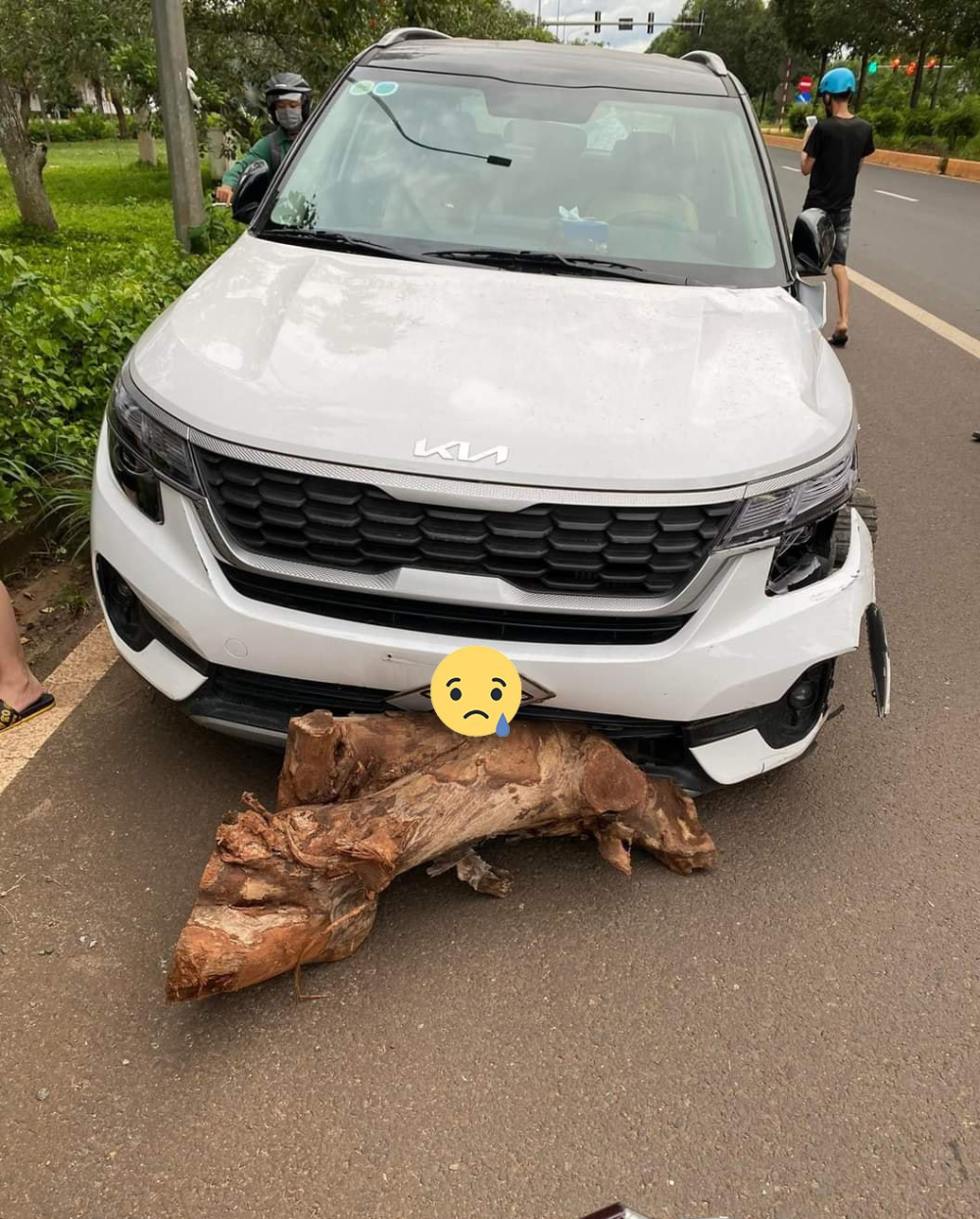 Thanh gỗ lớn dùng để chặn chiếc Kia Seltos lại nhưng không thành Thanh gỗ lớn dùng để chặn chiếc Kia Seltos lại nhưng không thành