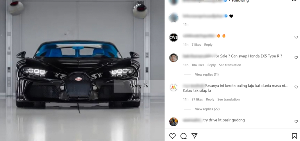 Một b&agrave;i đăng về xe Bugatti Chiron Super Sport của Tunku Ismail Idris nhưng đ&atilde; bị x&oacute;a sau đ&oacute;