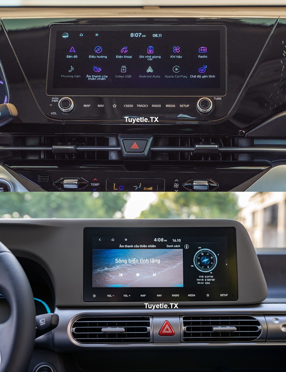 M&agrave;n h&igrave;nh th&ocirc;ng tin giải tr&iacute; của Kia Carens (tr&ecirc;n) v&agrave; Hyundai Stargazer (dưới)