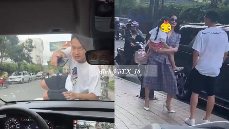Diệp Lâm Anh xuống xe nói chuyện với chồng Diệp Lâm Anh xuống xe nói chuyện với chồng