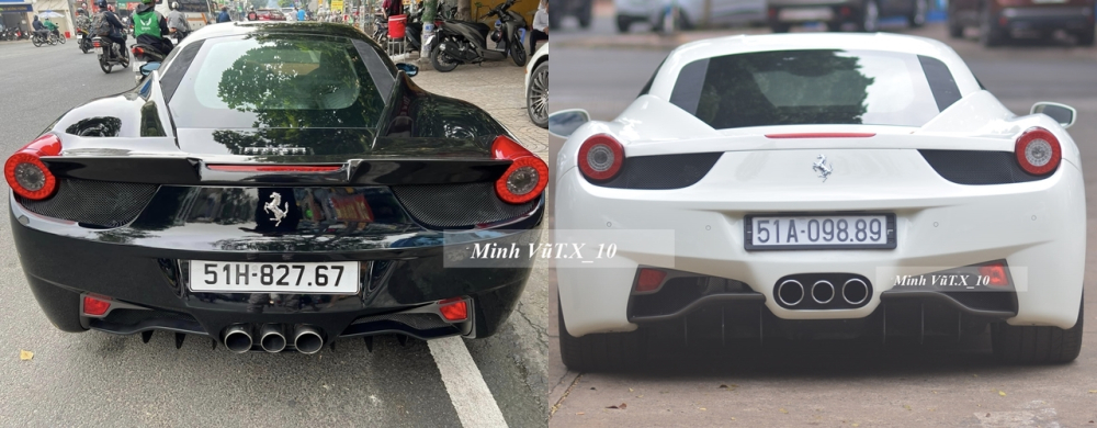 Siêu xe Ferrari 458 Italia màu đen có cánh gió độ carbon, còn xe màu trắng nguyên bản Siêu xe Ferrari 458 Italia màu đen có cánh gió độ carbon, còn xe màu trắng nguyên bản