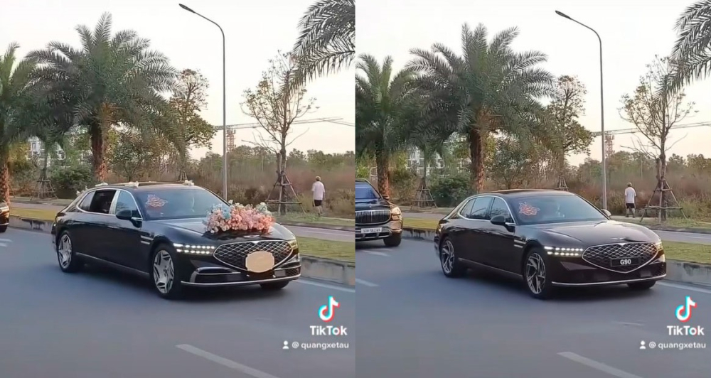 Cặp đ&ocirc;i Genesis G90 Limousine 2022 (b&ecirc;n tr&aacute;i) v&agrave; G90 trong d&agrave;n xe ăn hỏi