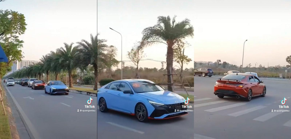 2 chiếc Hyundai Elantra N 2023 m&agrave;u xanh v&agrave; đỏ trong đo&agrave;n xe ăn hỏi