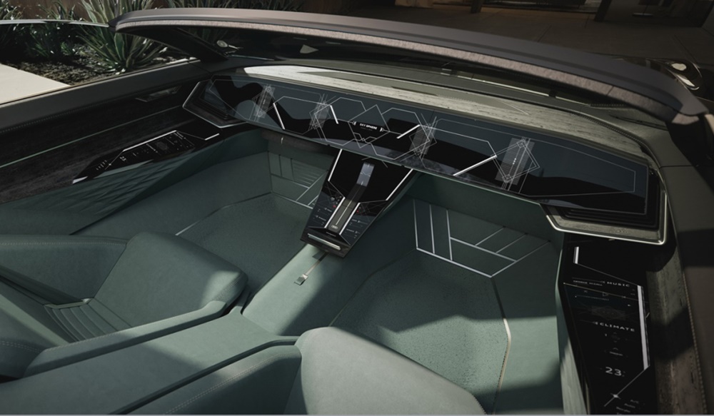 Audi Skyphere Concept ở chế độ GT khi vô lăng, bàn đạp và cần số đều ẩn đi, thay vào đó là màn hình 55,7 inch. Audi Skyphere Concept ở chế độ GT khi vô lăng, bàn đạp và cần số đều ẩn đi, thay vào đó là màn hình 55,7 inch.