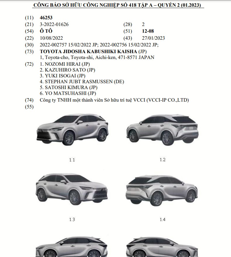 Lexus RX 2023 được đăng ký bảo hộ kiểu dáng công nghiệp tại Việt Nam Lexus RX 2023 được đăng ký bảo hộ kiểu dáng công nghiệp tại Việt Nam