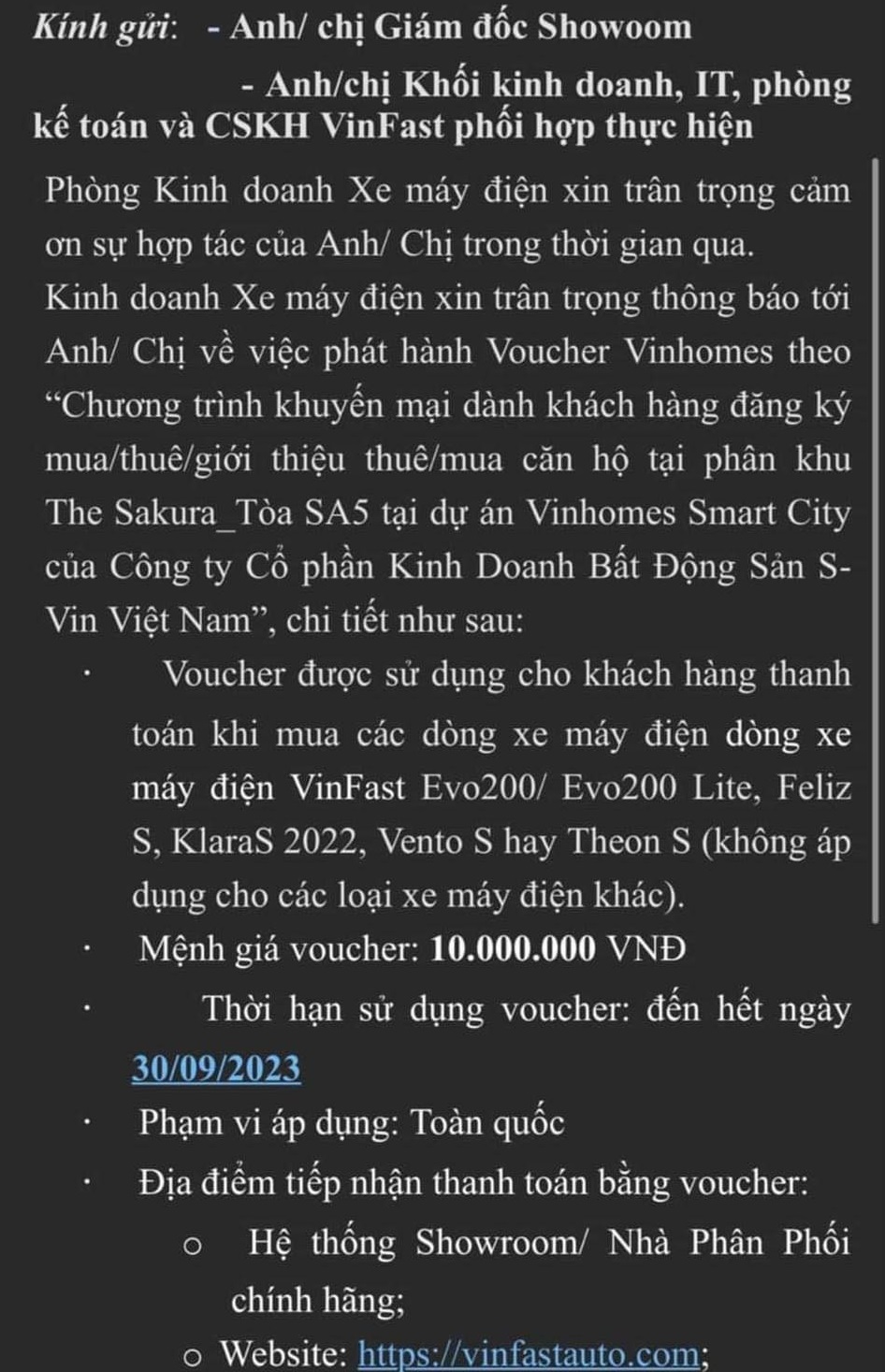 Th&ocirc;ng tin chương tr&igrave;nh &aacute;p voucher Vinhomes khi mua xe m&aacute;y điện của VinFast được gửi đến c&aacute;c đại l&yacute;