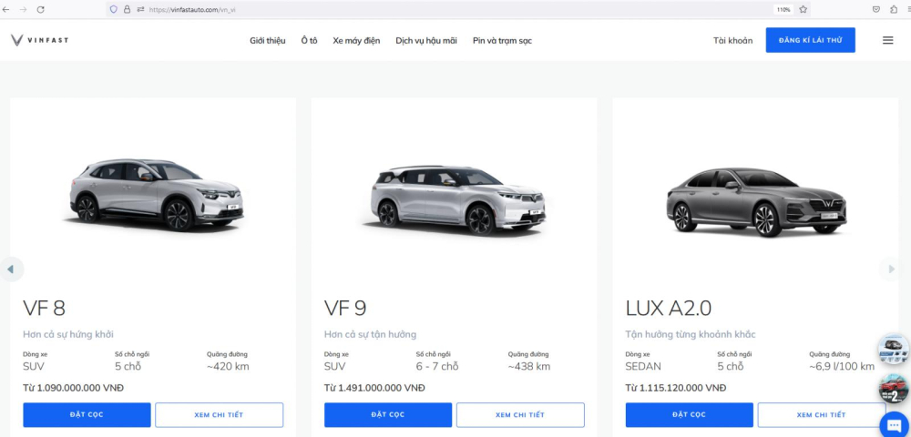 LUX A2.0 bất ngờ&nbsp;xuất hiện trở lại tr&ecirc;n trang chủ của VinFast, b&ecirc;n cạnh c&aacute;c d&ograve;ng &ocirc; t&ocirc; điện