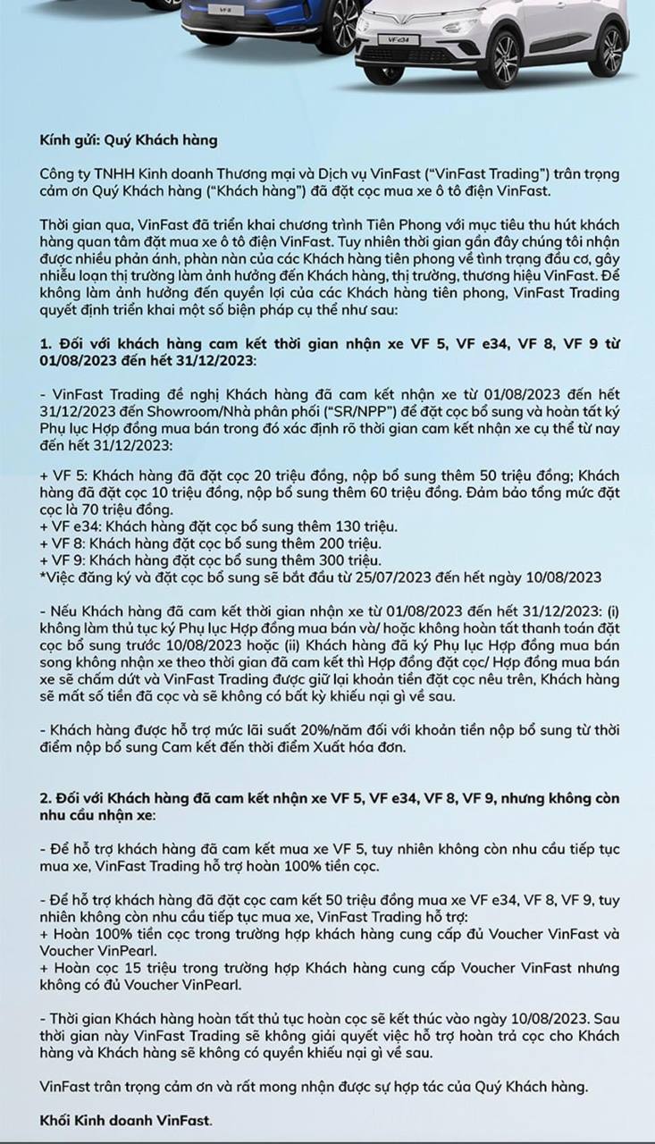 Th&ocirc;ng b&aacute;o của VinFast về ch&iacute;nh s&aacute;ch chốt cọc, ho&agrave;n cọc cho kh&aacute;ch h&agrave;ng đặt mua c&aacute;c mẫu &ocirc; t&ocirc; điện VF5 Plus, VF e34, VF8 v&agrave; VF9