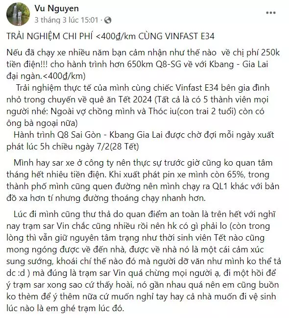 Anh Vũ rất hài lòng về VF e34 sau chuyến đi về Gia Lai ăn tết cùng gia đình