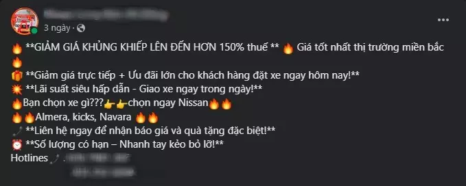 Đại lý này áp dụng chương trình ưu đãi 150% lệ phí trước bạ cho 3 mẫu xe Nissan.