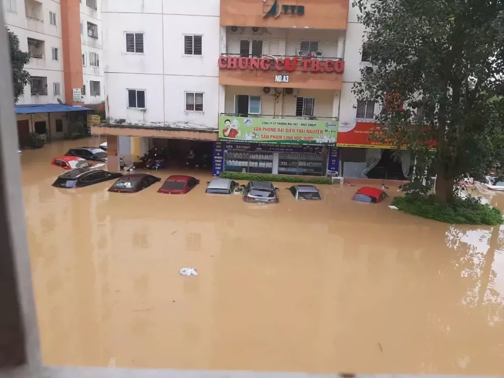 Những chiếc ô tô đỗ trong sân chung cư bị ngập.