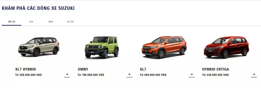 Danh mục sản phẩm của Suzuki Việt Nam hiện chỉ còn XL7 Hybrid, XL7, Jimny và Ertiga Hybrid.