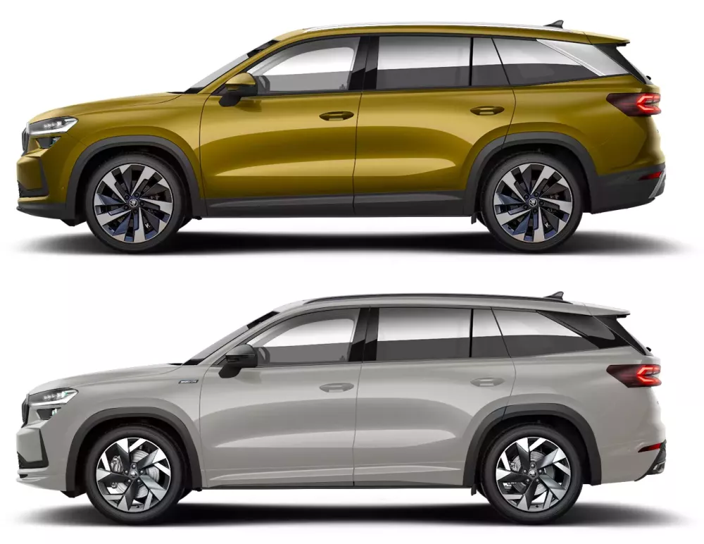 Thiết kế b&ecirc;n sườn của Skoda Kodiaq 2025 bản Premium 4x4 2.0 TSI (tr&ecirc;n) v&agrave; Sportline 4x4 2.0 TSI