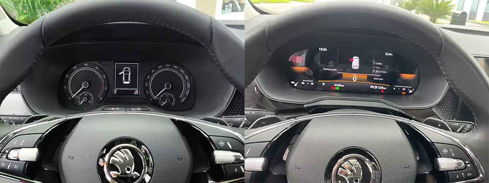 Bảng đồng hồ của Skoda Kushaq bản thấp (bên trái) và bản cao (bên phải)