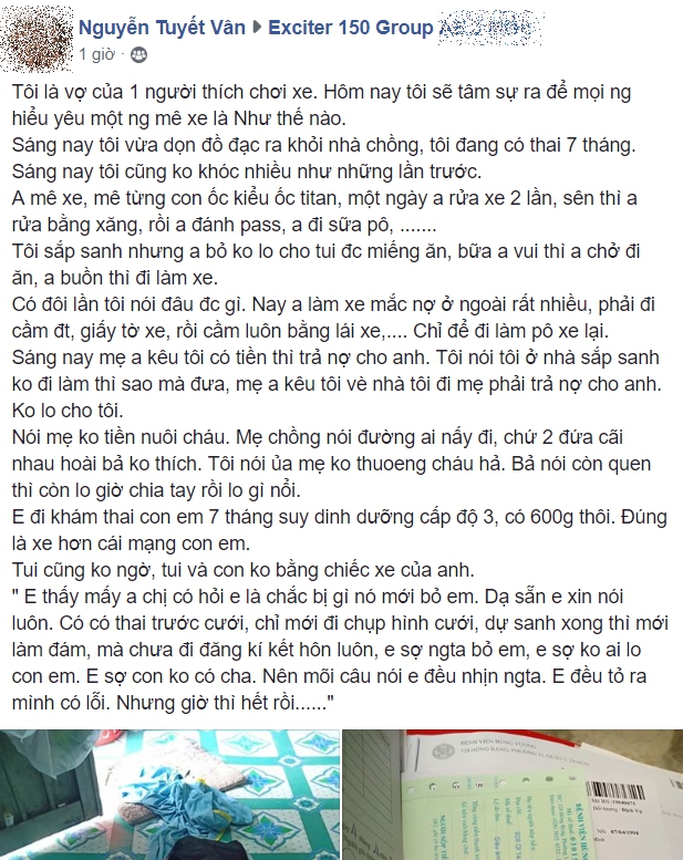 Dòng chia sẻ đầy uất ức của người vợ có chồng vô tâm trên cộng đồng Exciter (Ảnh: Facebook)