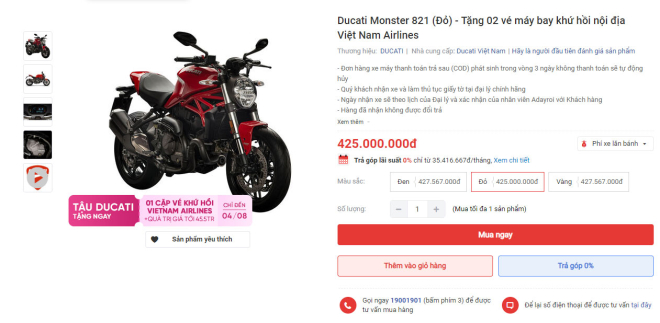 Khách hàng mua xe Ducati trên Adayroi sẽ nhận được nhiều khuyến mãi hấp dẫn