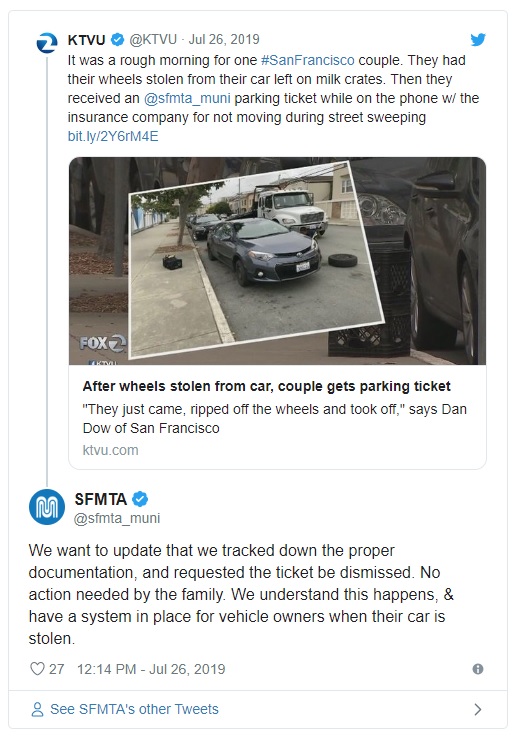 SFMTA th&ocirc;ng b&aacute;o hủy bỏ v&eacute; phạt đỗ xe đối với cặp đ&ocirc;i đen đủi
