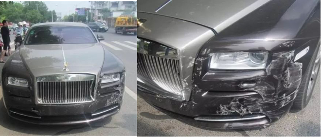 Thiệt hại của chiếc Rolls-Royce Ghost khi bị xe Honda vượt đèn đỏ tông vào Thiệt hại của chiếc Rolls-Royce Ghost khi bị xe Honda vượt đèn đỏ tông vào