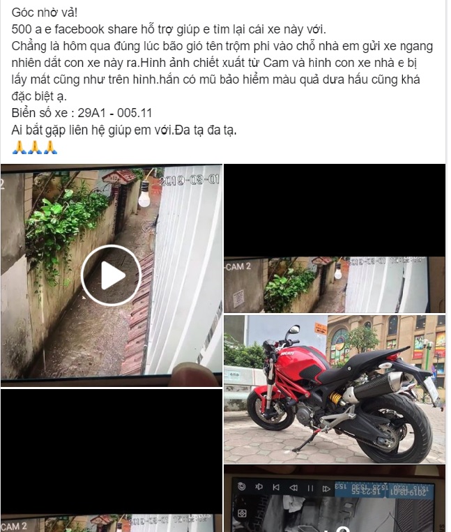 Dòng chia sẻ của chủ xe sau khi chiếc xe Ducati Monster bị mất trộm trên cộng đồng mạng