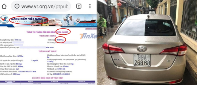  Tra cứu tr&ecirc;n trang của Cục đăng kiểm Việt Nam, chiếc biển số 99A-268.68 được cấp cho Toyota Vios