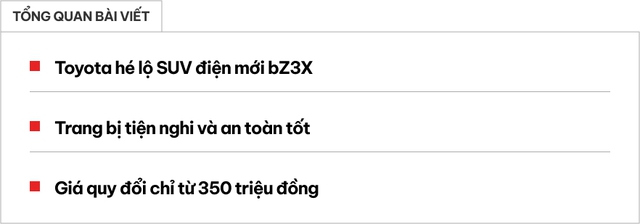 Toyota bZ3X ra mắt: Giá quy đổi chỉ từ 350 triệu đồng, chạy tới 620km/sạc, màn gần 15inch, camera, cảm biến 'dát' đầy quanh xe- Ảnh 1. Toyota bZ3X ra mắt: Giá quy đổi chỉ từ 350 triệu đồng, chạy tới 620km/sạc, màn gần 15inch, camera, cảm biến 'dát' đầy quanh xe- Ảnh 1.