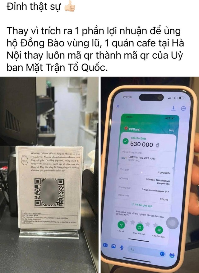 [Góc ấm áp]: Những quán cà phê đổi QR quán sang QR Mặt trận Tổ Quốc Việt Nam, doanh thu tặng đồng bào bão lũ- Ảnh 1.