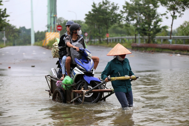 Hà Nội: Ngập sâu trên đại lộ Thăng Long, người dân phải bỏ 50.000 đồng thuê xe bò vượt qua- Ảnh 20.